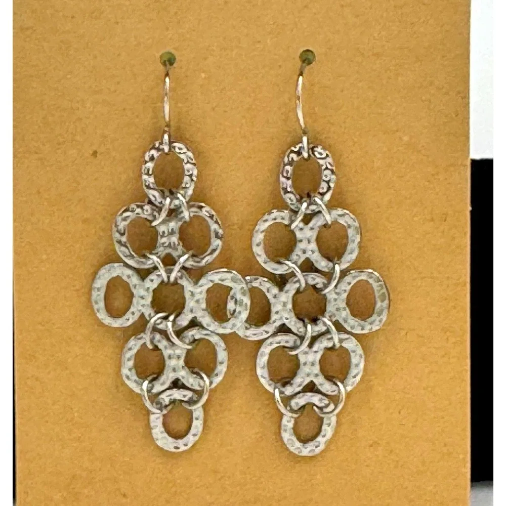silver tone hammered geometric linked circle dangle drop hook earrings